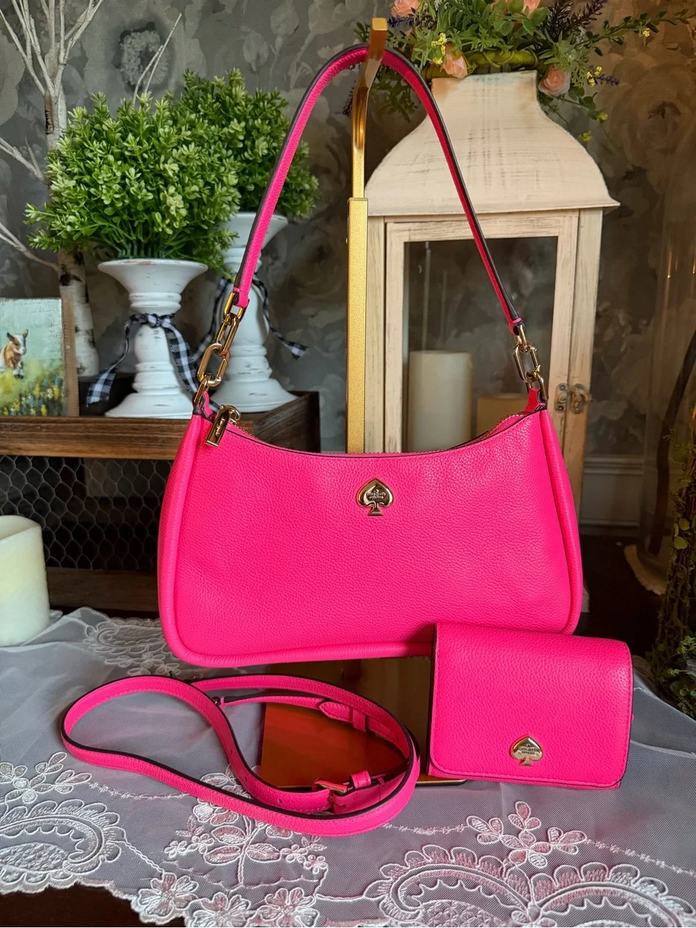kate spade New York Hot Pink Pebbled Leather Shoulder Bag with Matching Wallet